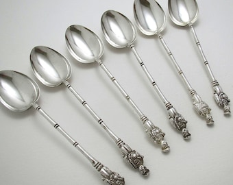 Six Sincere & Co Antique Chinese Export Figural Solid Silver Tea Spoons Set, Scholar holding a Ruyi. Hong Kong Shanghai China.