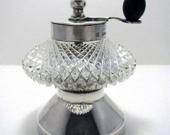 Antique Victorian Solid Sterling Silver Cut Glass Pepper Mill/Grinder, Hukin & Heath.