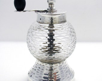 Rare Hukin & Heath/Christopher Dresser Bark Effect Victorian Solid Sterling Silver and Glass Antique Pepper Mill Grinder, Birmingham 1893