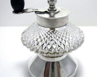 Antique Victorian Solid Sterling Silver Cut Glass Pepper Mill/Grinder, Hukin & Heath.