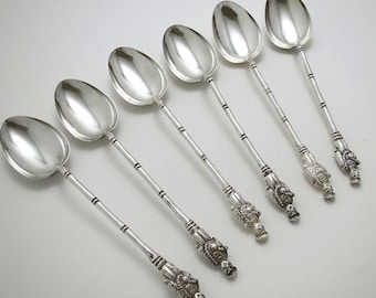 Six Sincere & Co Antique Chinese Export Figural Solid Silver Tea Spoons Set, Scholar holding a Ruyi. Hong Kong Shanghai China.