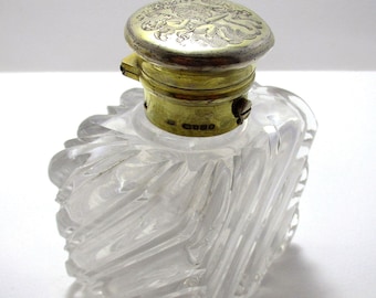 Large Victorian 1851 Antique Solid Sterling Silver Gilt Glass Inkwell Bottle. Frances Douglas.