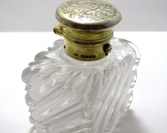 Large Victorian 1851 Antique Solid Sterling Silver Gilt Glass Inkwell Bottle. Frances Douglas.