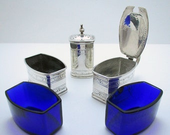 Rare LIBERTY & Co. Arts and Crafts Solid Sterling Silver Cruet Set (Salt, Pepper Pot, Mustard Pot)