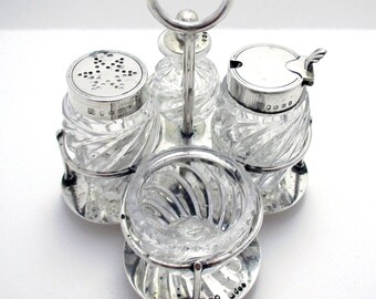 Superb Hukin & Heath Solid Sterling Silver Glass Antique 4-piece Cruet: Pepper Shaker, Salt, Mustard Pot, Cayenne Jar with Snuff Spoon.