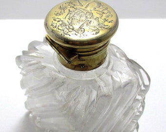 Large Victorian 1851 Antique Solid Sterling Silver Gilt Glass Inkwell Bottle. Frances Douglas.