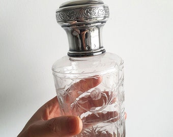 Large Antique French c1890 Solid Sterling Silver Cut Glass Scent Perfume Bottle Vanity Jar Box.