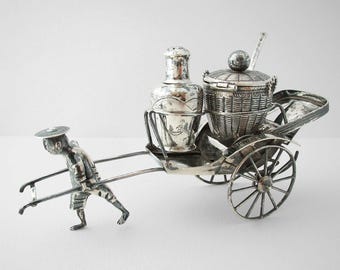 Antique Chinese Export Solid Silver Rickshaw Cart Cruet Set Pepper Shaker Salt Mustard Pot, Tuck Chang & Co. Circa 1900