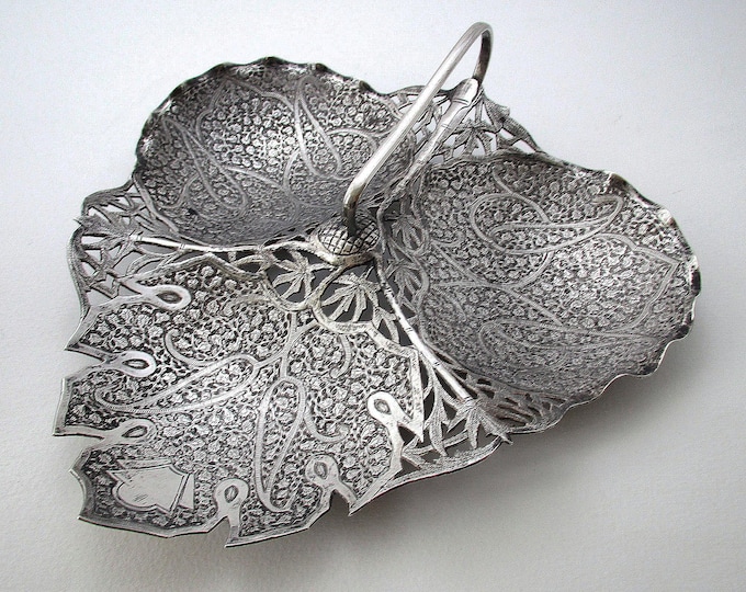 Featured listing image: Rare Indian Kashmiri Antique Solid Silver Chinar Leaf Sweetmeat Bon Bon Dish Bowl 19th Century