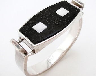 Spanish Vintage Puig Doria Solid Sterling Silver & Ebony Wood Modernist Brutalist Bangle Bracelet, Size 6.5"