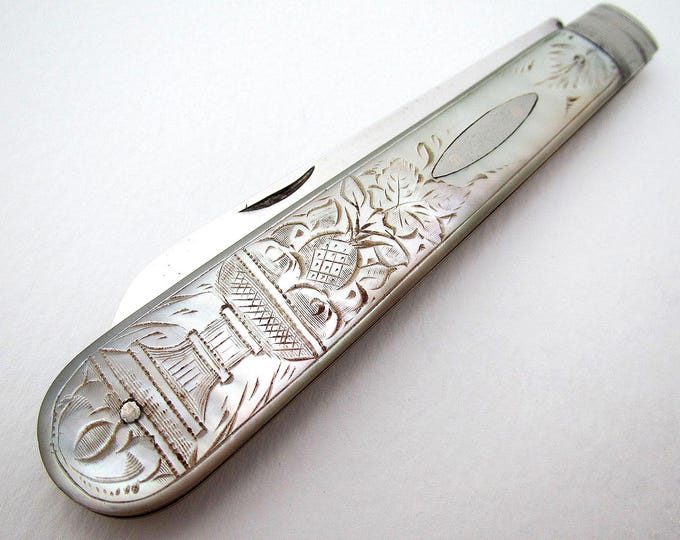 Featured listing image: Beautiful Antique Edwardian Sheffield Sterling Silver & Hand-carved Mother of Pearl Large Fruitknife
