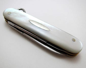 John Derby & Sons Sheffield Victorian Antique c1890 Multi-Tool Folding Pocket Penknife, Mother of Pearl, High Carbon Steel