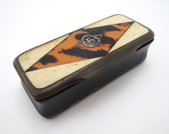Antique Early 19th Century English Georgian Large Horn Snuff Box Case with Silver Inlay