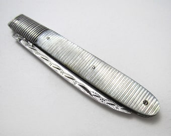 Antique George III (1786-1797) Sheffield Sterling Silver & Mother of Pearl Folding Fruitknife with Bright-Cut Engraved Blade.