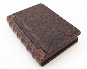 Rare Victorian Curio Antique 19th Century Miniature Secret Faux Book Storage Box Container Gilt Metal Faux Leather Case