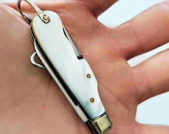 Top Quality Needham Sheffield Victorian Small Miniature Pocket Multi Tool Folding Penknife Chatelaine Mother of Pearl Carbon Steel Antique