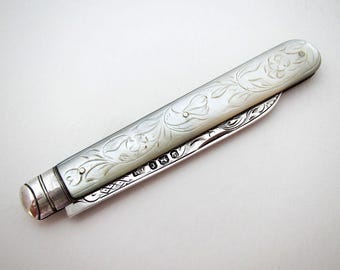 Beautiful Antique Victorian 1895 Sterling Silver & Mother of Pearl Folding Fruitknife, Bright-cut Floral Engravings.