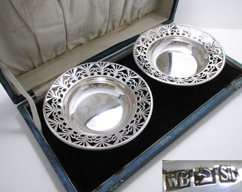 Rare Pair Antique Indian Colonial Solid Sterling Silver Pierced Finger Bowls Dishes Katori, c1920 Delhi.