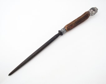 Antique MAPPIN & WEBB Victorian Sheffield Sharpening Steel Meat Carving Sharpener, Stag Antler Handle, Silver Mounts c1850.