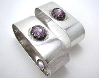 Pair Arts & Crafts Antique Sterling Silver Amethyst Napkin Serviette Rings, Birmingham 1914.