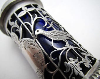 Antique Edwardian Sterling Silver & Bristol Blue Glass Liner Pierced Pepper Pot Shaker - Bird/Flower Pattern, Sheffield 1914