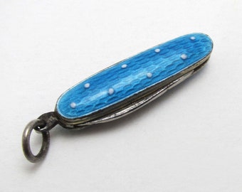 Antique Miniature Blue Polka Dot Enamel Pendant Chatelaine Folding Penknife.