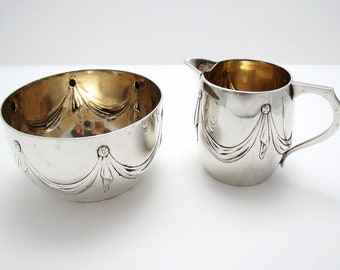 Antique Victorian English Solid Sterling Silver Bachelor-sized Cream Milk Jug & Sugar Bowl.