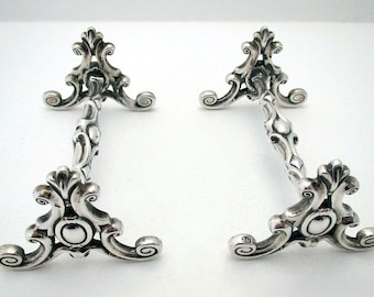 Very Rare English Antique Gothic Revival Tudor Pattern Solid Sterling Silver Cutlery Rests / Stands (Pair)
