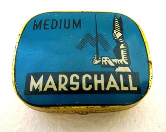 German Marschall Gramophone Needle Medium Metal Tin Case Box. BLUE. Early 20th-Century. Antique/Vintage.