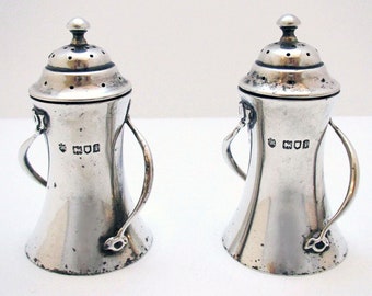 Rare Pair Antique Arts & Crafts 1904 Solid Sterling Silver Pepper Pots, Edward Barnard.