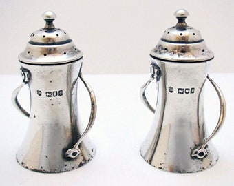 Rare Pair Antique Arts & Crafts 1904 Solid Sterling Silver Pepper Shaker Pots, Edward Barnard.