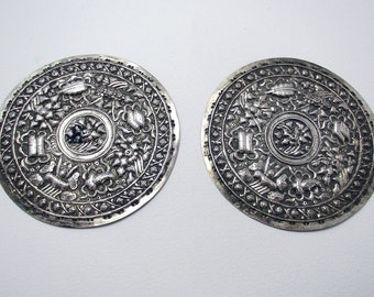 Rare Pair Antique Straits Chinese/Peranakan Solid Silver Wedding Bolster Ends Buntal Plates, Malaysia & Singapore c1890.