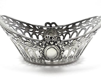 Antique c.1890 German Pierced Silver 800 Bon Bon Nut Glass Dish Sugar Bowl Basket.