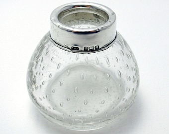 Elegant (1915) Antique Solid Sterling Silver Mounted & Controlled Bubble/Bullicante Glass Pot Jar Container.