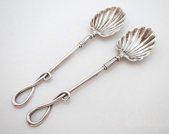 Rare Antique Victorian 1886 Sterling Silver Whiplash Whip End Tea Spoons, Pair.