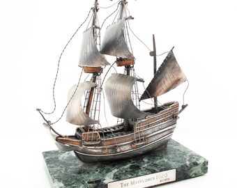 Vintage Sterling Silver Model "The Mayflower" Sailing Ship Statue Limited Edition 62/850 Verde Alpi Marble Base.