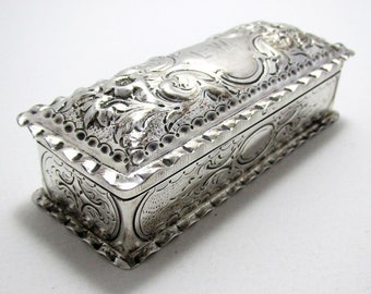 Antique Victorian Solid Sterling Silver English Snuff Pill Box Tobacco Case Tin, 1895.
