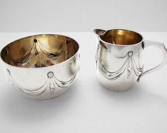 Antique Victorian English Solid Sterling Silver Bachelor-sized Cream Milk Jug & Sugar Bowl Cup - 19th century.