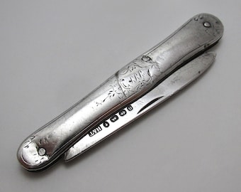 Victorian 1888 Antique Sterling Silver Pocket Folding Fruitknife, Hilliard & Thomason