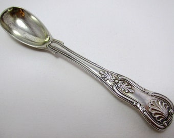 Heavy Antique Victorian 1844 Solid Sterling Silver Mustard Pot Salt Spoon, King's Diamond Shell pattern. Chawner & Co.