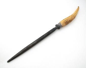 Antique Victorian Sheffield Sharpening Steel Meat Carving Sharpener, Stag Antler Handle, Silver Mount E.M. Dickinson c1850