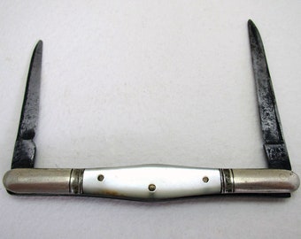 Rare Victorian Double QUILL/PENCIL SHARPENER Mother of Pearl Folding Antique Pocket Penknife,