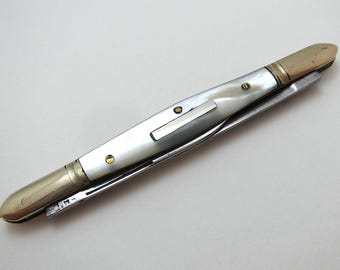 High Quality Antique Victorian Sheffield c1890 Double Folding Quill Pen Cutter Pencil Sharpener Mother of Pearl High Carbon Steel Penknife