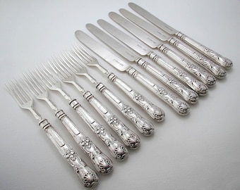 6 Pairs Antique English Sheffield Georgian 1835 Sterling Silver Dessert Fruit Cutlery. King's pattern.