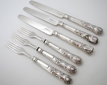 3 Pairs Antique English Sheffield Georgian 1835 Sterling Silver Dessert Fruit Cutlery Silverware. King's Shell pattern.