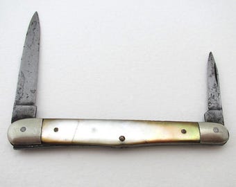 Antique Victorian Double Quill Cutter / Quill Pen Pencil Sharpener, Mother of Pearl Folding Pocket Penknife.