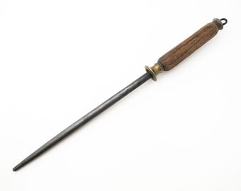 Antique English Edwardian Sheffield Sharpening Rod Honing Steel Meat Carving Sharpener, Wood Handle, Brass Mounts, c1920