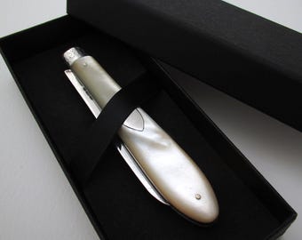 Large Antique Edwardian 1902 Sterling Silver & Mother of Pearl Folding Fruitknife, William Gallimore, Sheffield.