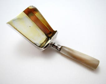 George III 1805 Antique Solid Sterling Silver Gilt Mother of Pearl Tea Caddy Spoon Shovel Scoop English Georgian
