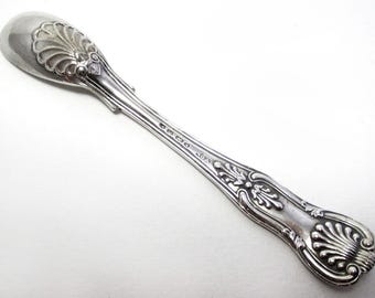 Rare Antique Victorian 1844 Solid Sterling Silver Mustard Pot Salt Spoon, King's Diamond Shell pattern. Chawner & Co.
